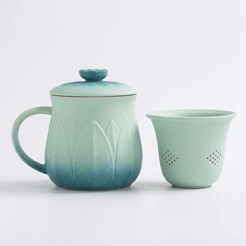 Gradient Lotus Ceramic Tea Cup with Infuser and Lid