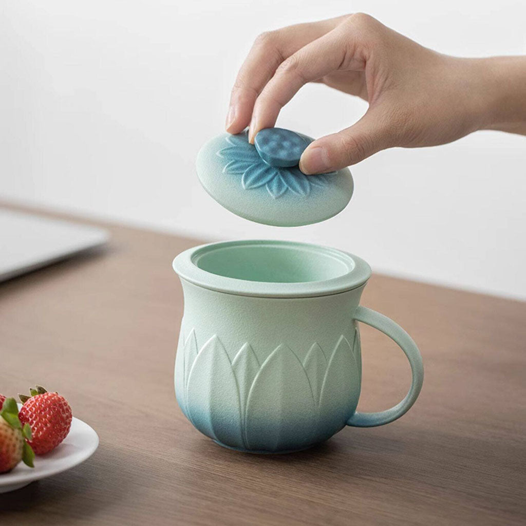 Gradient Lotus Ceramic Tea Cup with Infuser and Lid
