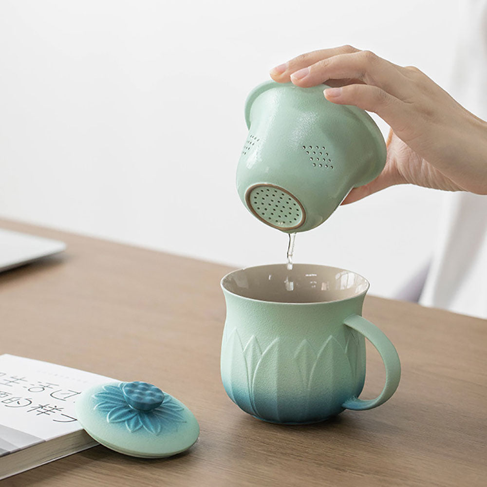 Gradient Lotus Ceramic Tea Cup with Infuser and Lid