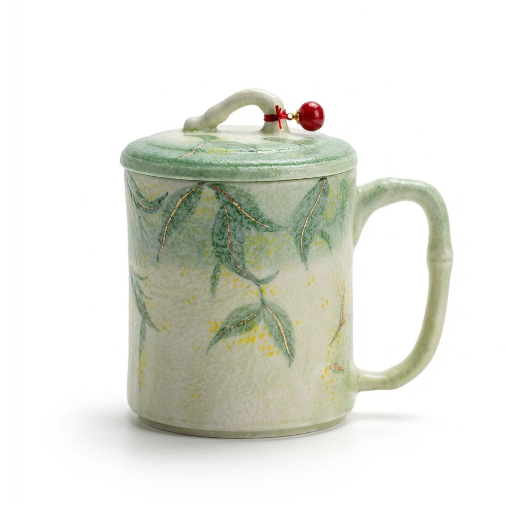 Green Glazed Bamboo Ceramic Tea Cup with Infuser