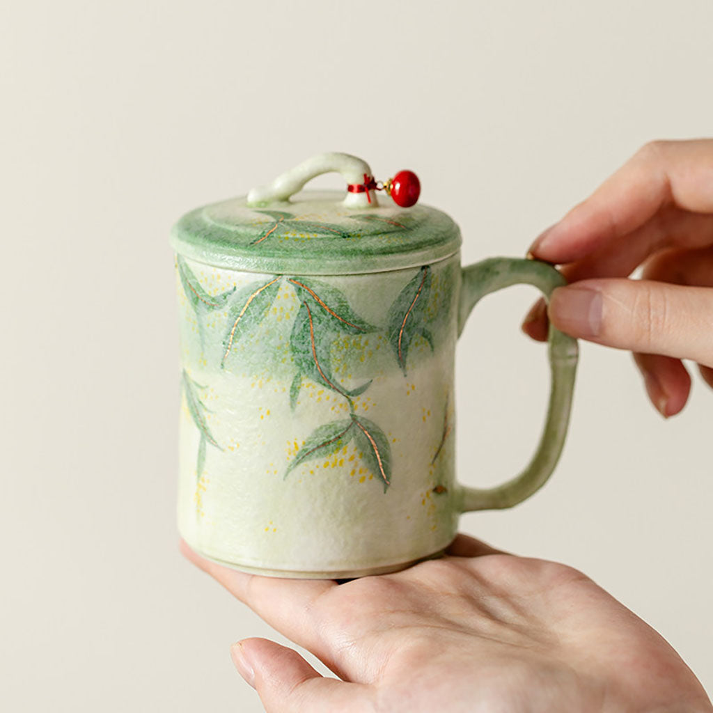 Green Glazed Bamboo Ceramic Tea Cup with Infuser