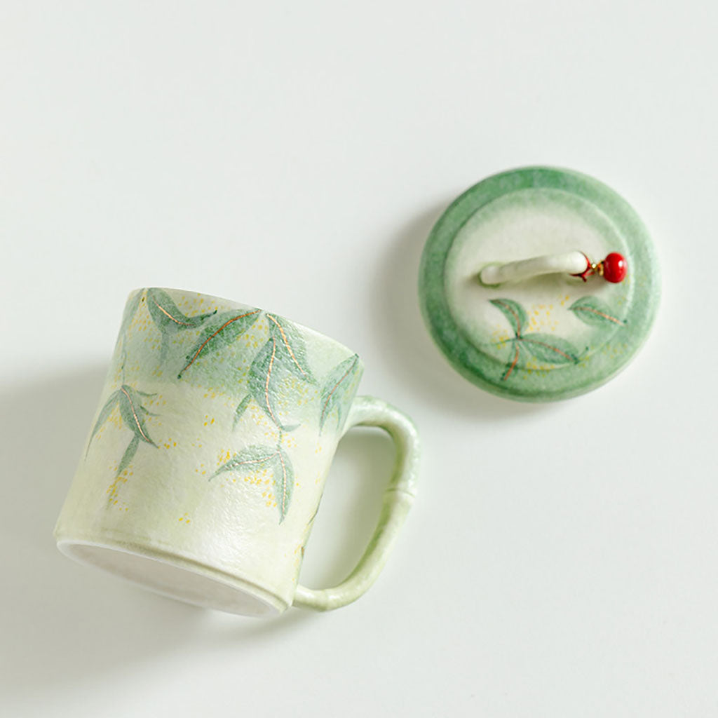 Green Glazed Bamboo Ceramic Tea Cup with Infuser
