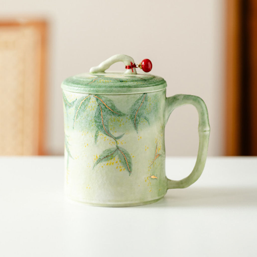 Green Glazed Bamboo Ceramic Tea Cup with Infuser