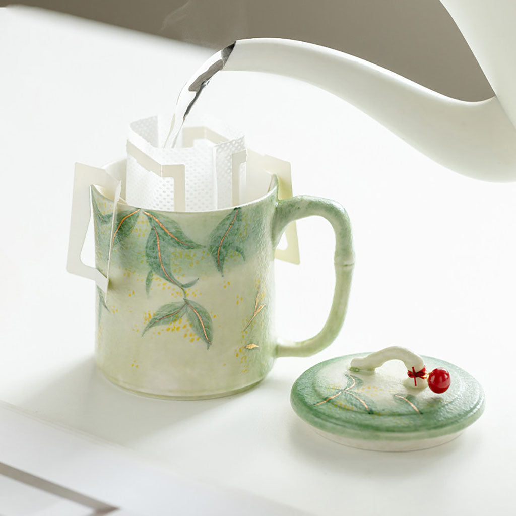 Green Glazed Bamboo Ceramic Tea Cup with Infuser