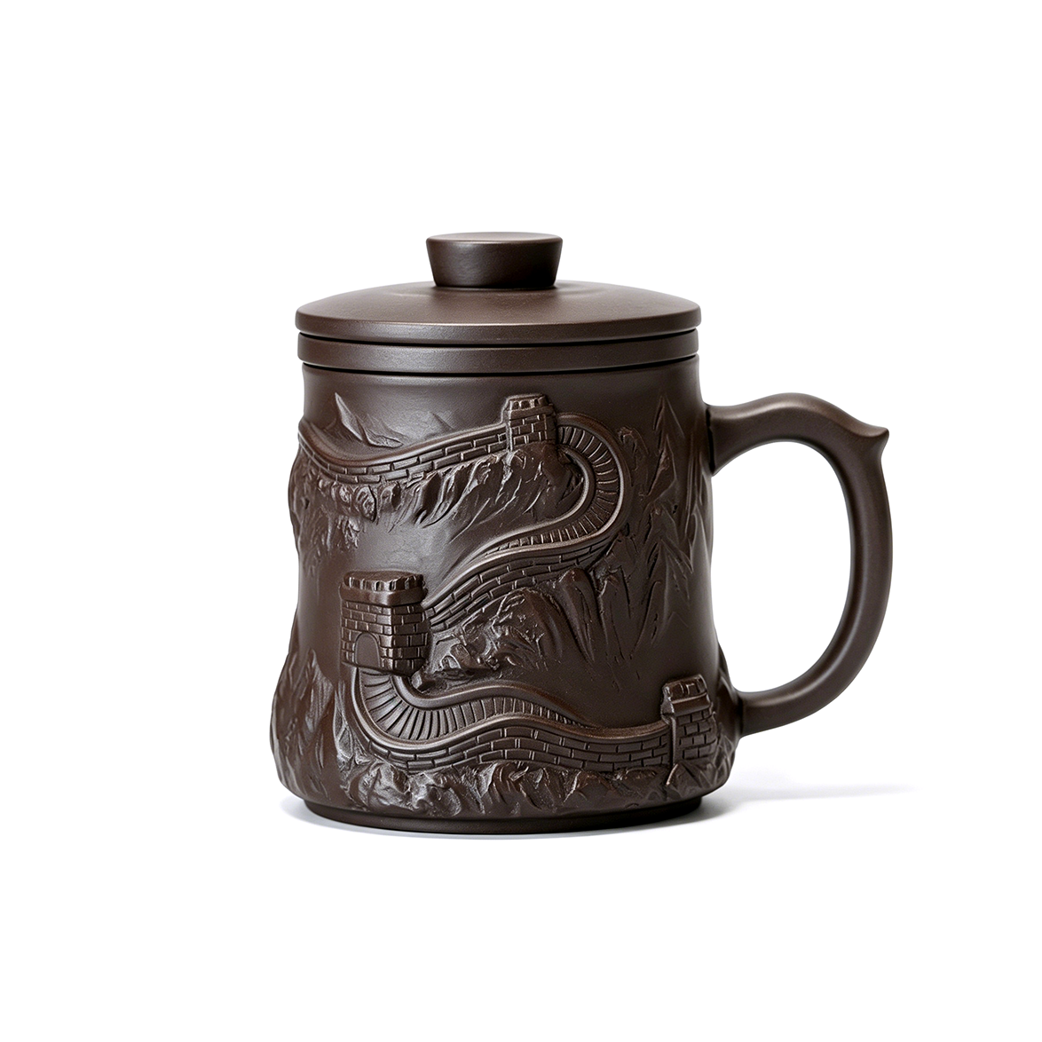 Great Wall Purple Clay Tea Cup with Infuser and Relief Carving