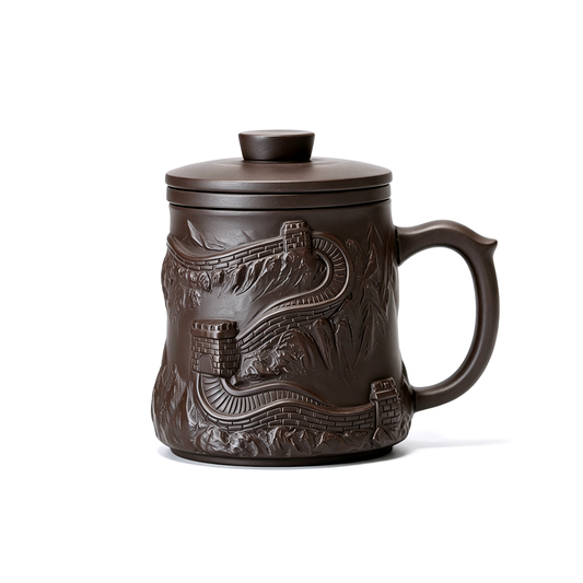 Great Wall Purple Clay Tea Cup with Infuser and Relief Carving