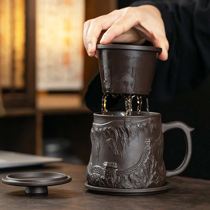 Great Wall Purple Clay Tea Cup with Infuser and Relief Carving
