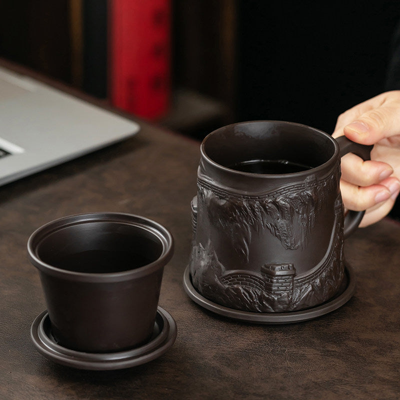 Great Wall Purple Clay Tea Cup with Infuser and Relief Carving