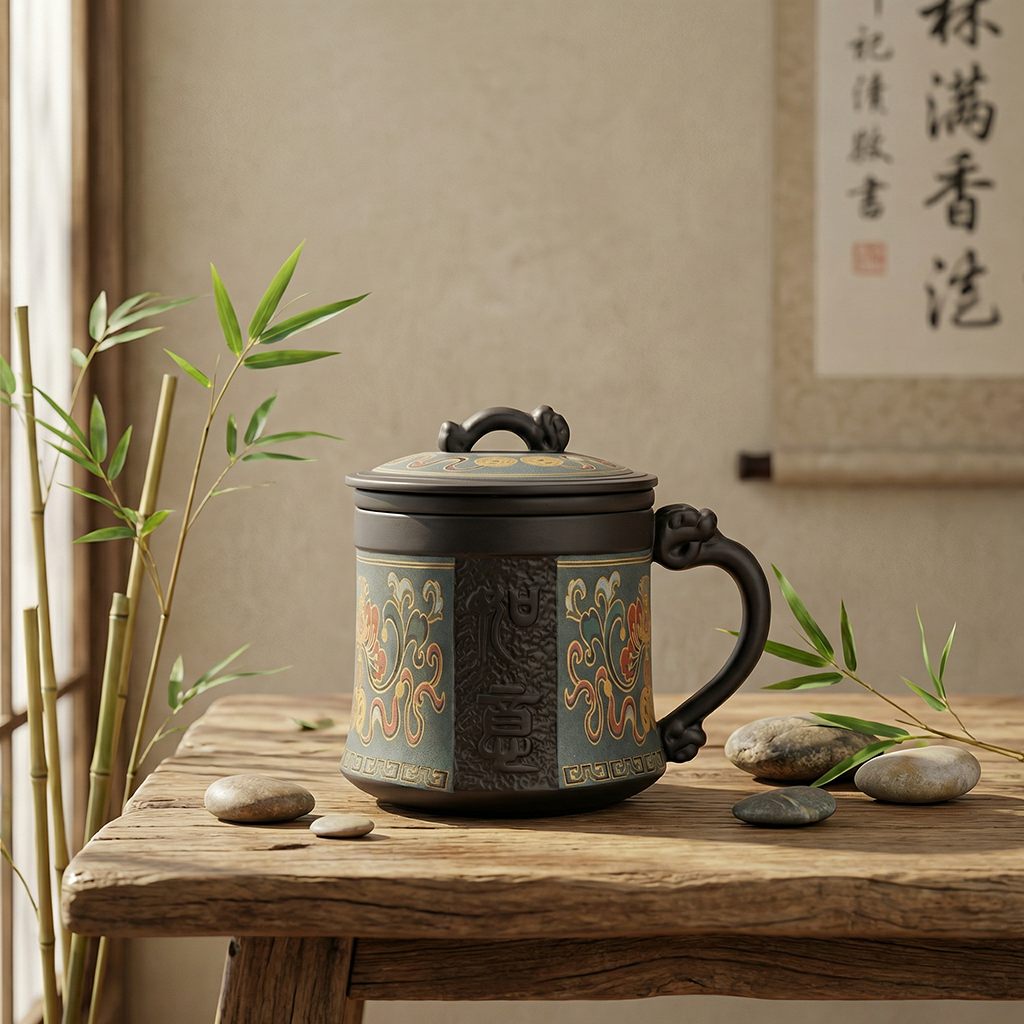 Yixing Purple Clay Tea Cup with Infuser and Lid