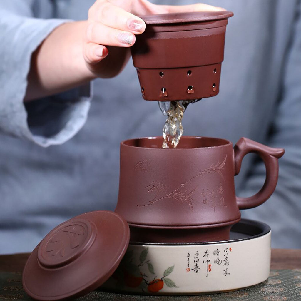 Yixing Purple Clay Tea Cup with Bamboo Infuser and Lid