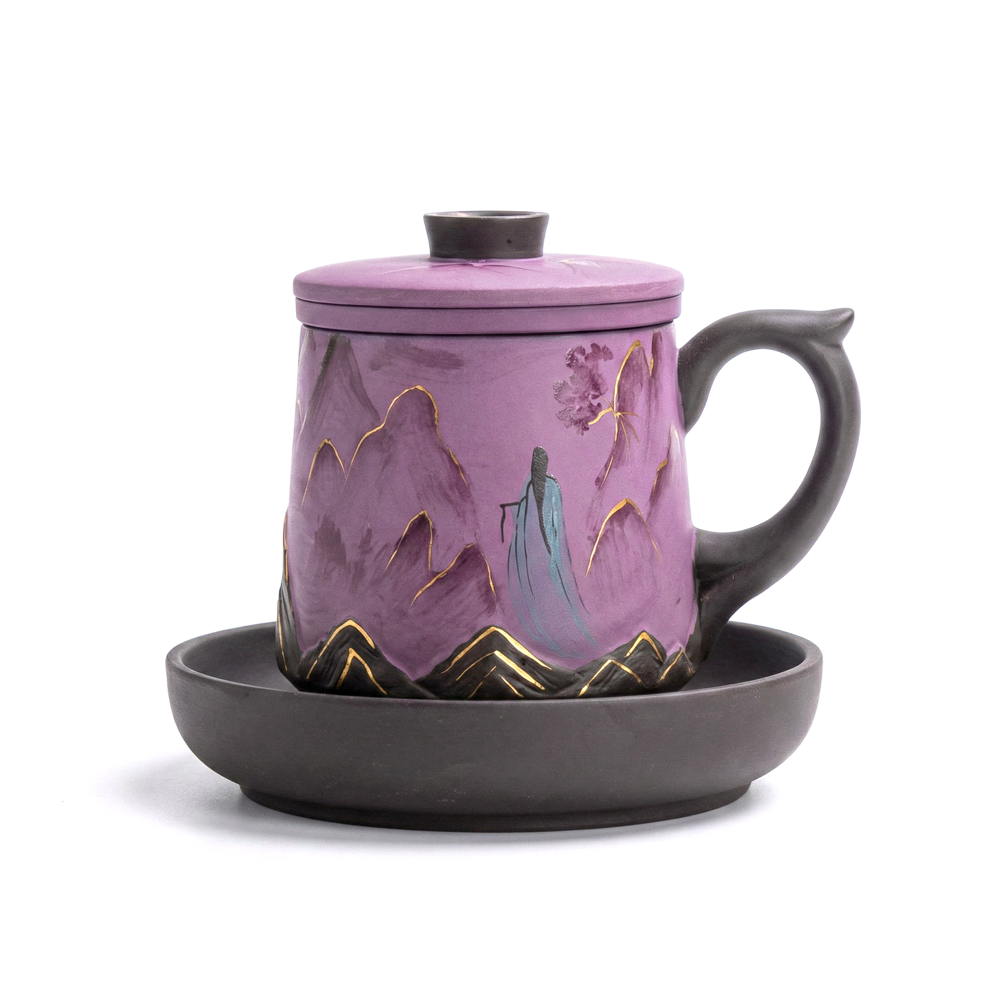 Yixing Purple Clay Landscape Tea Cup Set with Tray