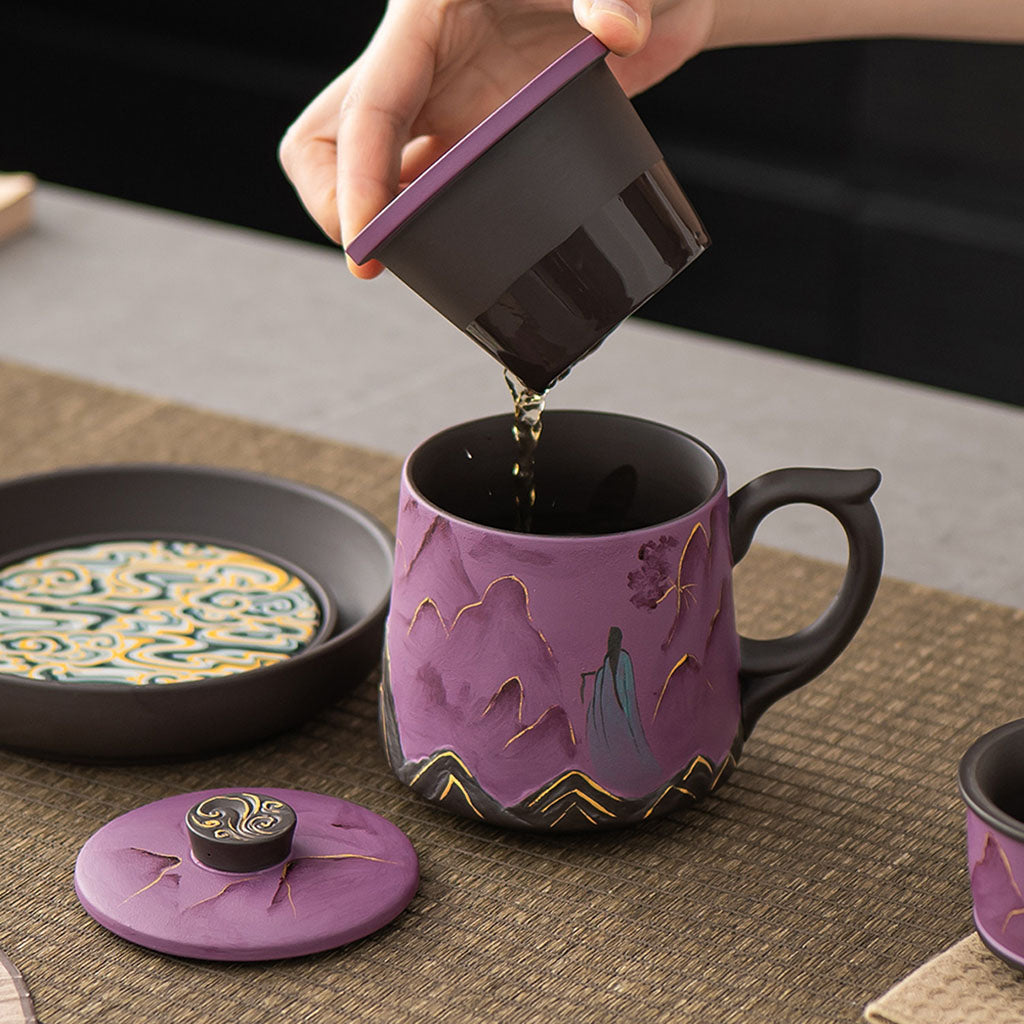 Yixing Purple Clay Landscape Tea Cup Set with Tray