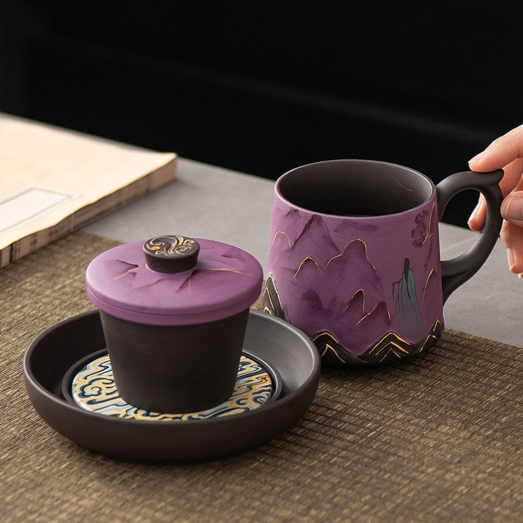 Yixing Purple Clay Landscape Tea Cup Set with Tray