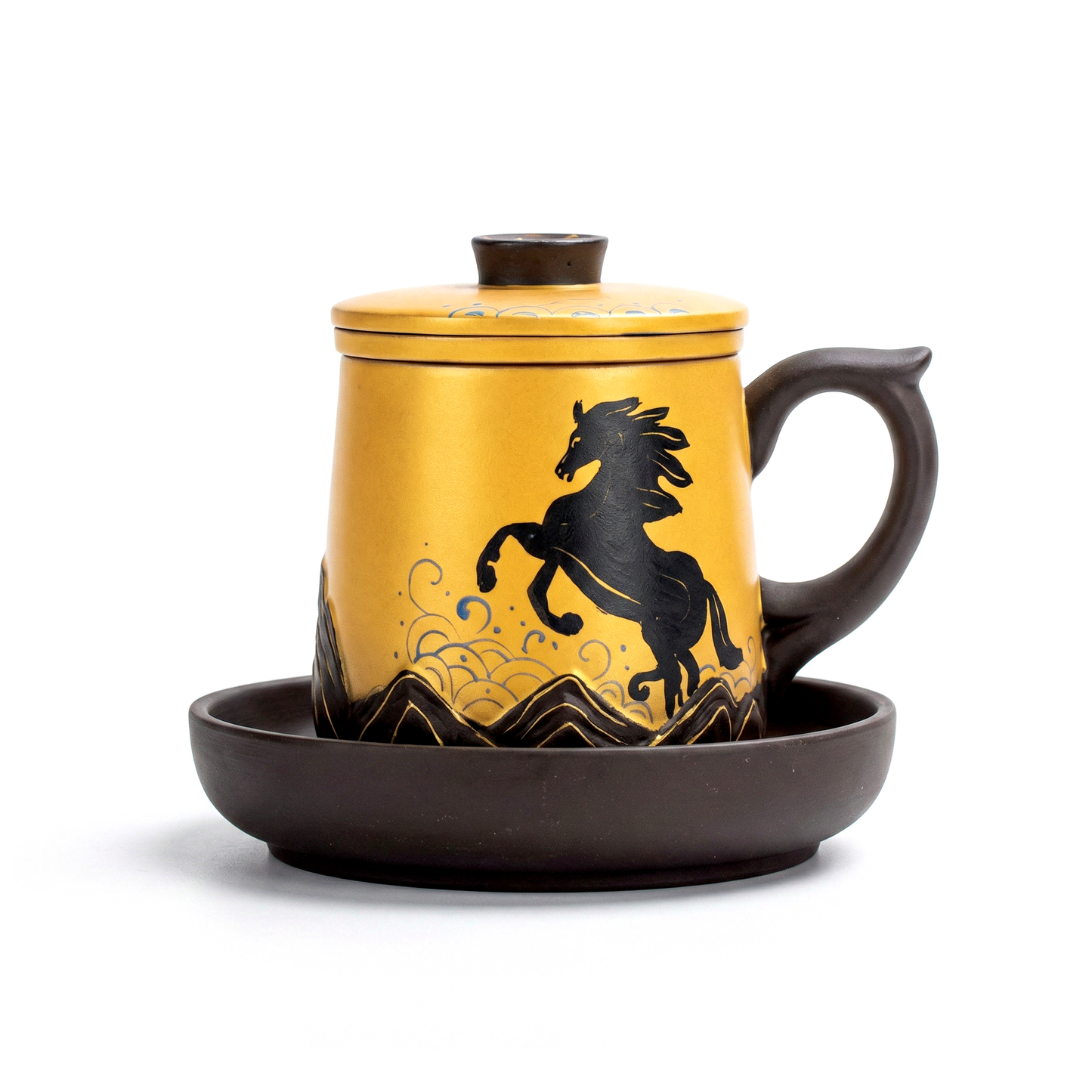 Yixing Purple Clay Galloping Horses Tea Cup Set with Tray