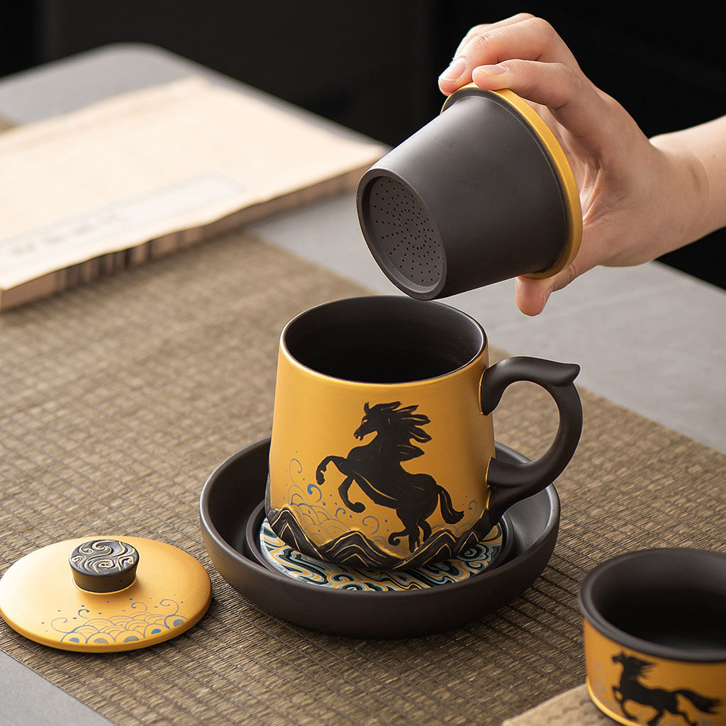Yixing Purple Clay Galloping Horses Tea Cup Set with Tray
