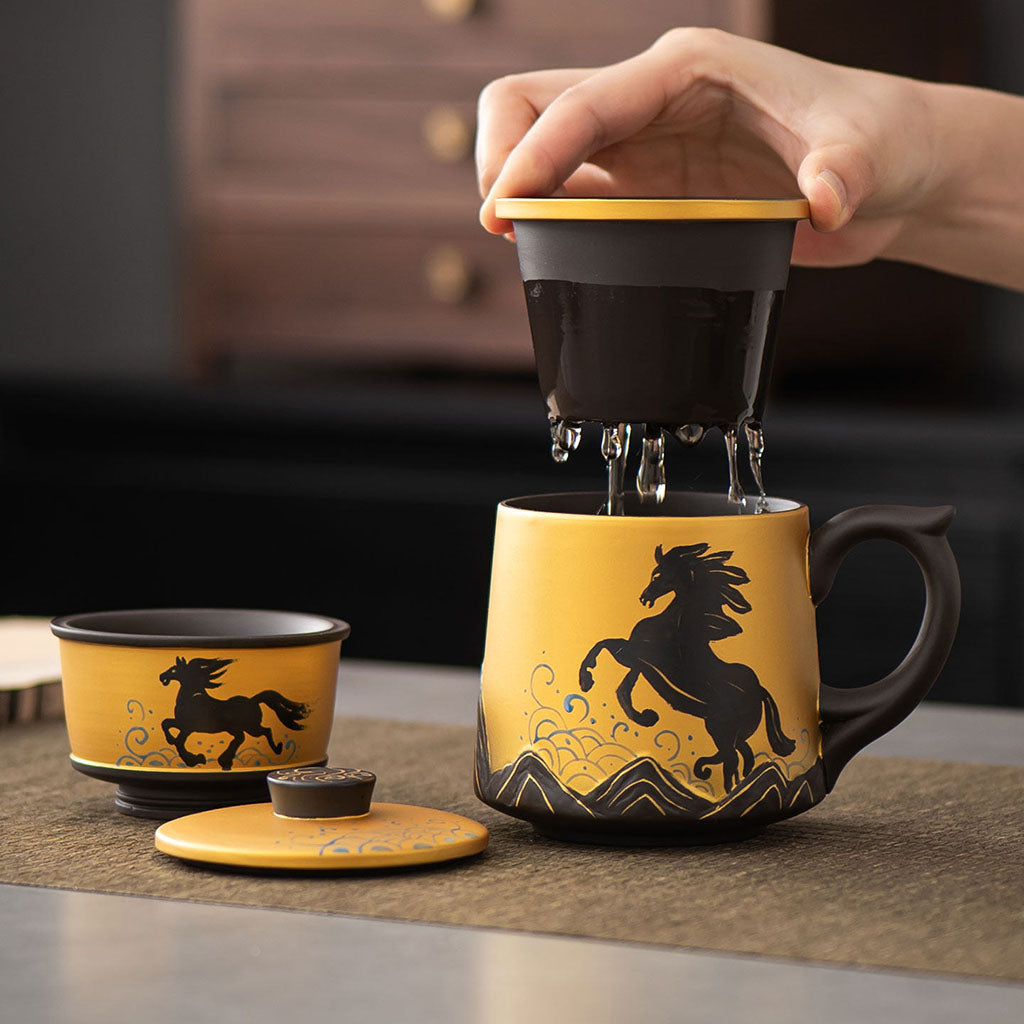 Yixing Purple Clay Galloping Horses Tea Cup Set with Tray