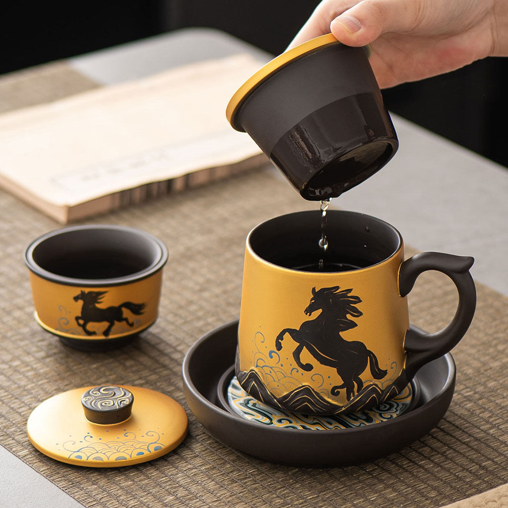 Yixing Purple Clay Galloping Horses Tea Cup Set with Tray
