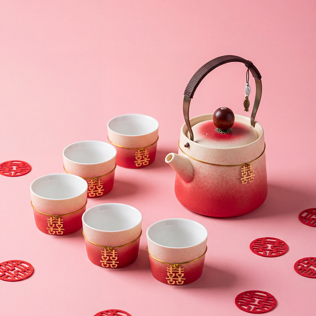 Gradient Red Ceramic Wedding Tea Set with Double Happiness Motif