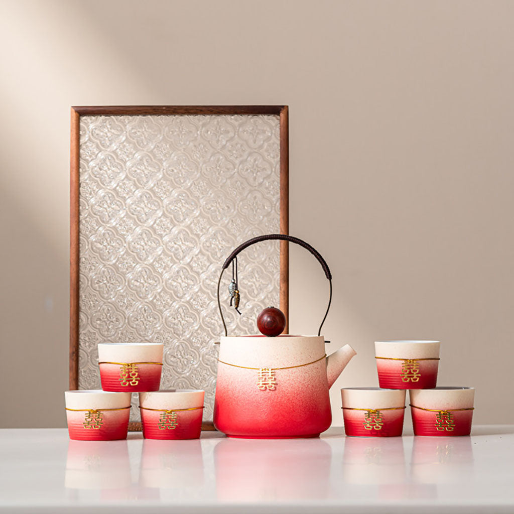 Gradient Red Ceramic Wedding Tea Set with Double Happiness Motif