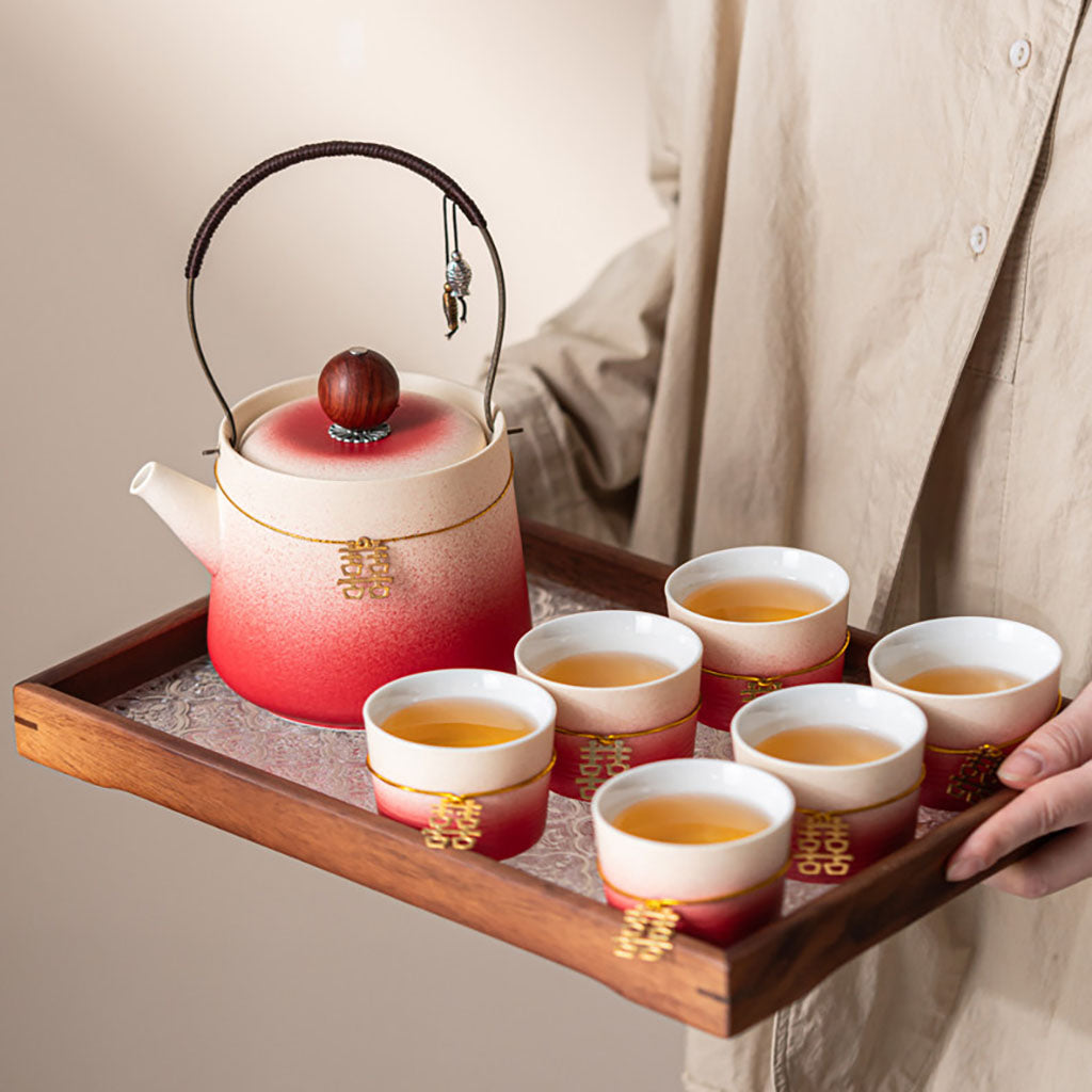 Gradient Red Ceramic Wedding Tea Set with Double Happiness Motif