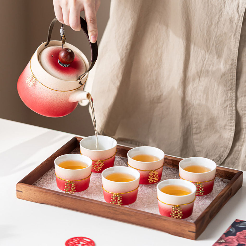 Gradient Red Ceramic Wedding Tea Set with Double Happiness Motif