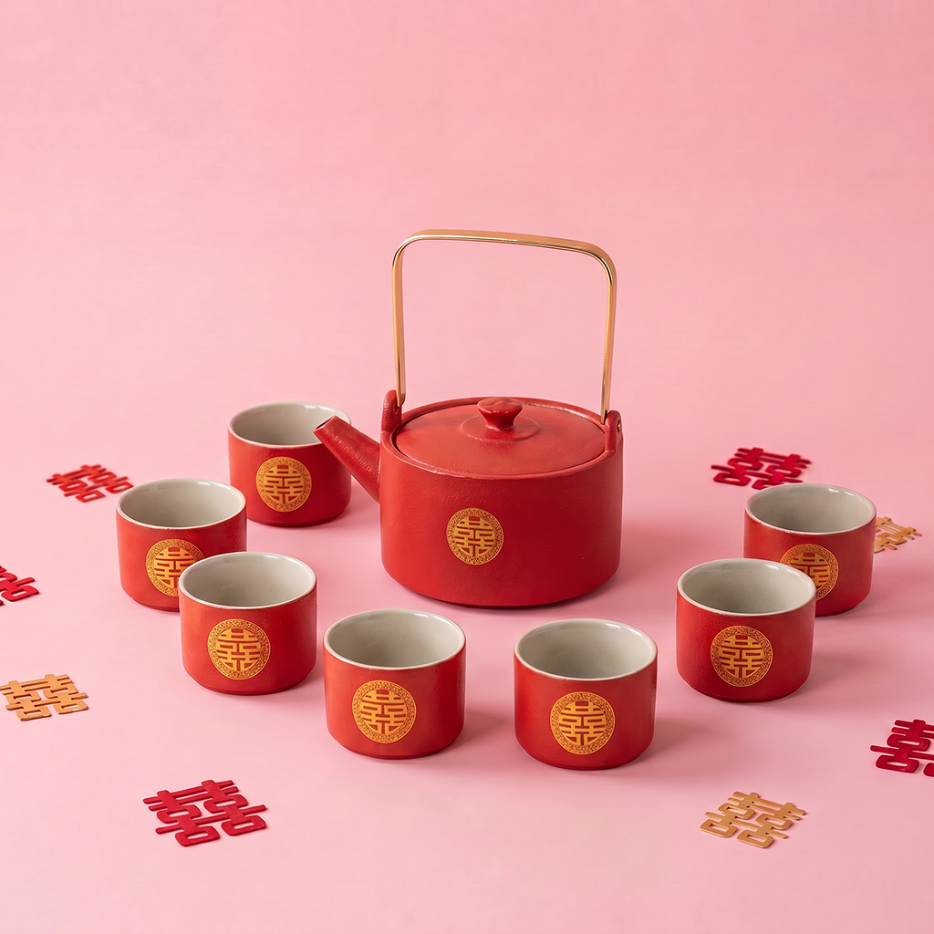 Double Happiness Red Ceramic Wedding Tea Set