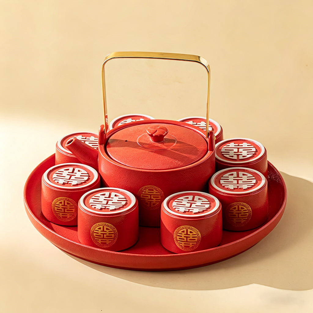 Double Happiness Red Ceramic Wedding Tea Set