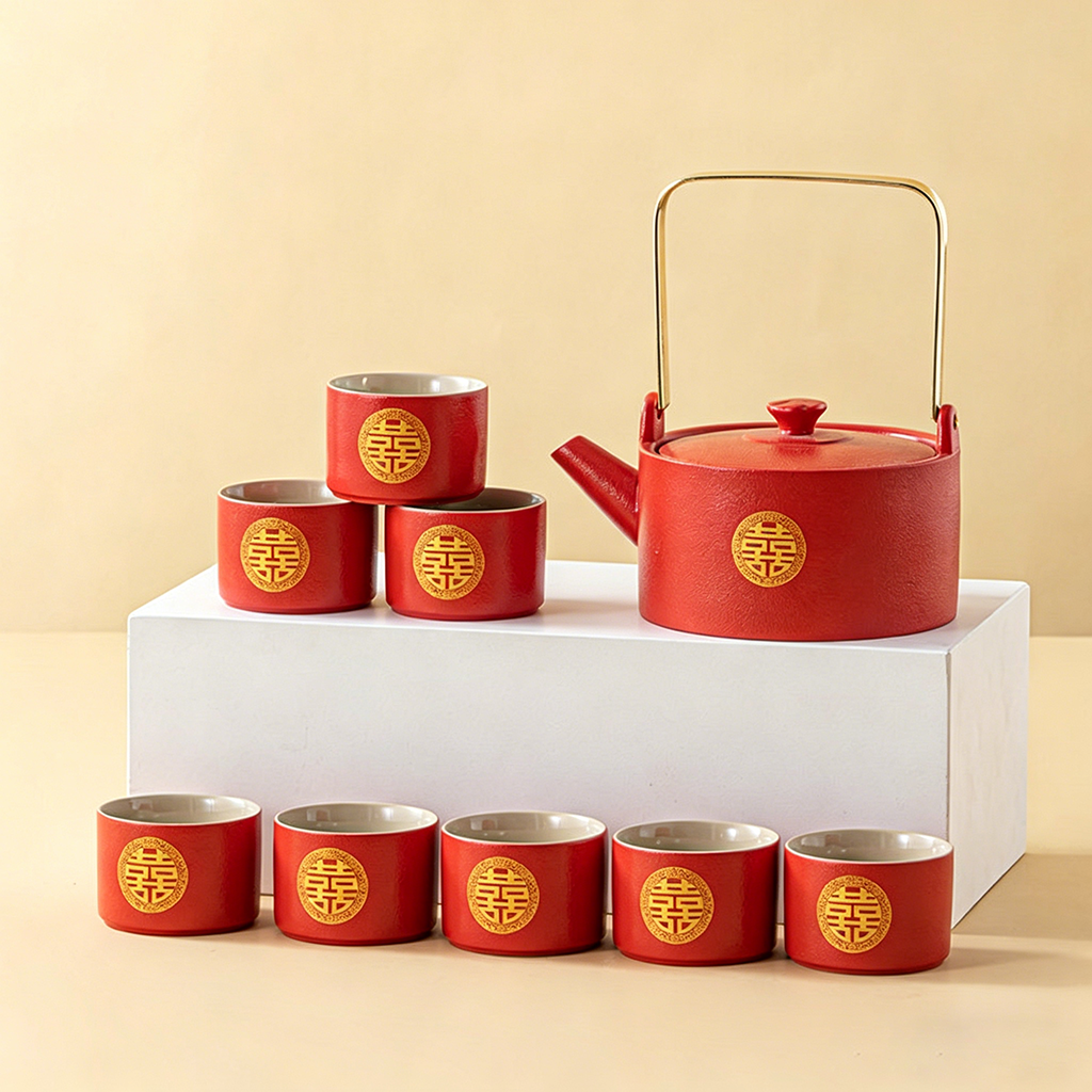 Double Happiness Red Ceramic Wedding Tea Set