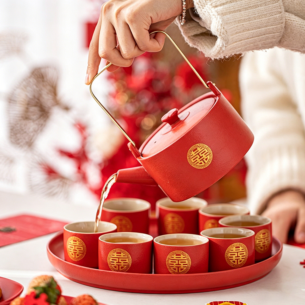 Double Happiness Red Ceramic Wedding Tea Set