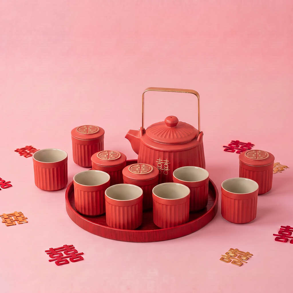Double Happiness Red Ceramic Wedding Tea Set with Striped Cups