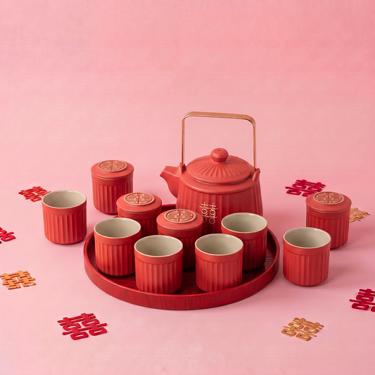Double Happiness Red Ceramic Wedding Tea Set with Striped Cups