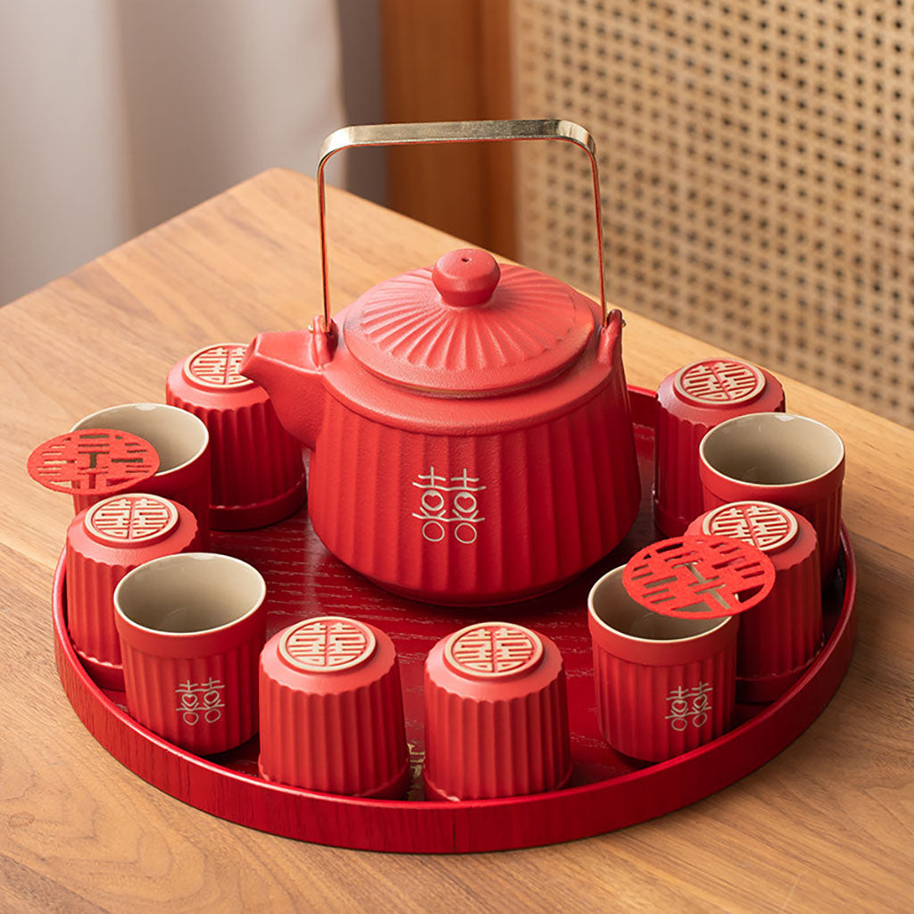 Double Happiness Red Ceramic Wedding Tea Set with Striped Cups