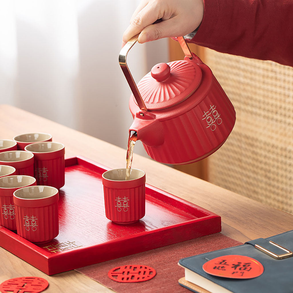 Double Happiness Red Ceramic Wedding Tea Set with Striped Cups