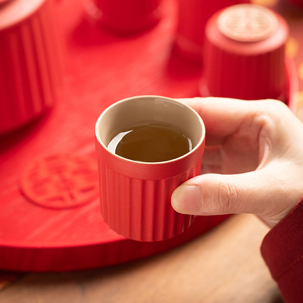 Double Happiness Red Ceramic Wedding Tea Set with Striped Cups