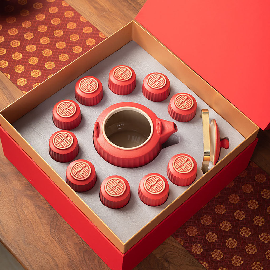 Double Happiness Red Ceramic Wedding Tea Set with Striped Cups