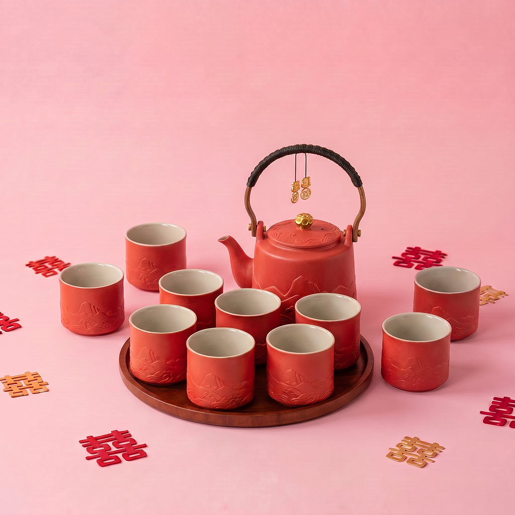 Ceramic Wedding Tea Set with Wooden Tray - Festive Red Mountain Design