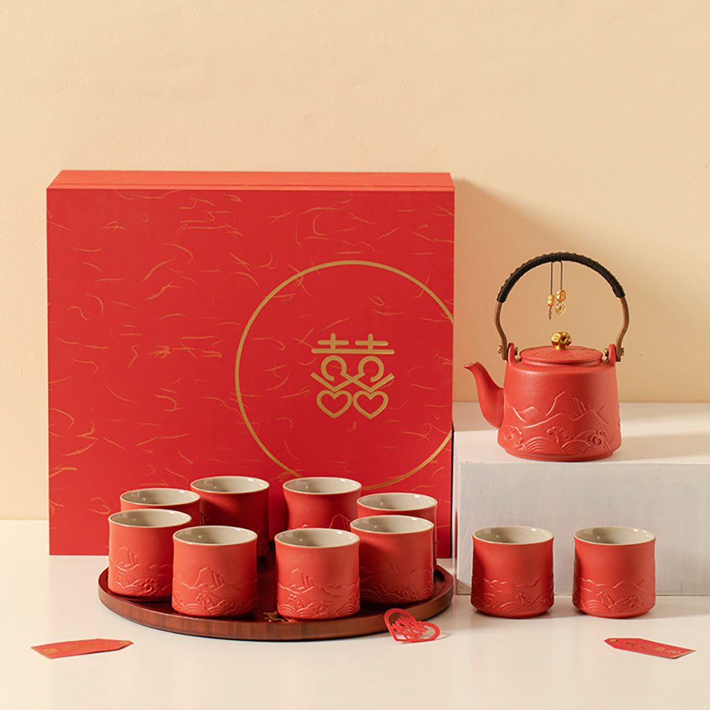 Ceramic Wedding Tea Set with Wooden Tray - Festive Red Mountain Design