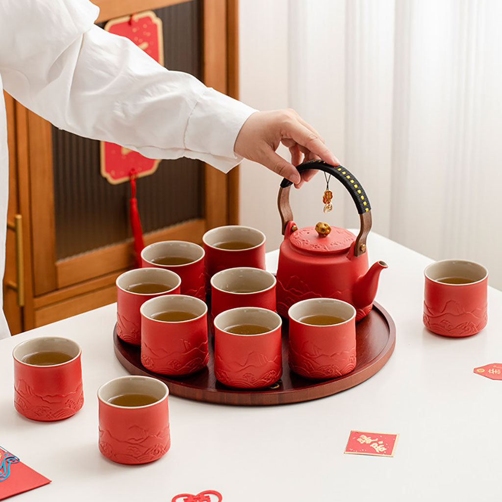 Ceramic Wedding Tea Set with Wooden Tray - Festive Red Mountain Design