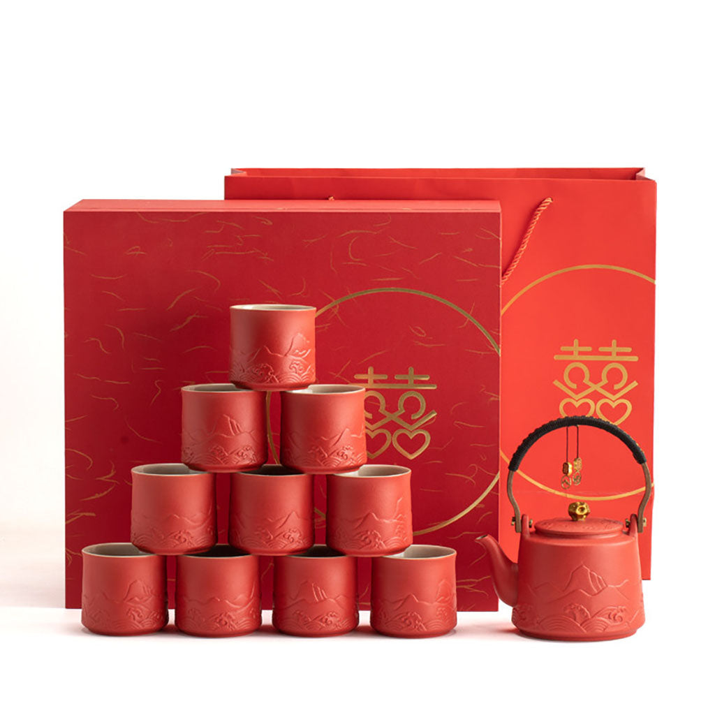 Ceramic Wedding Tea Set with Wooden Tray - Festive Red Mountain Design