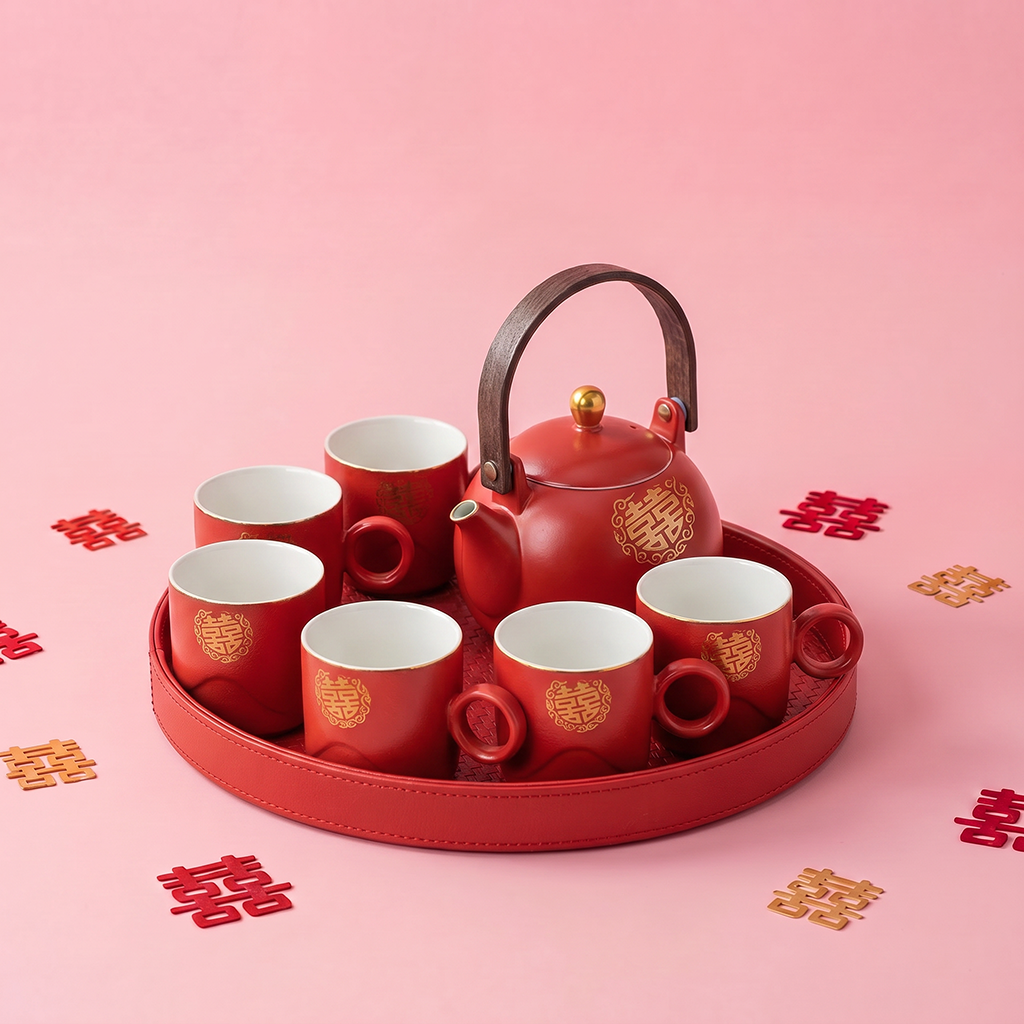 Golden Double Happiness Wedding Tea Set with Teapot, Cups, and Tray