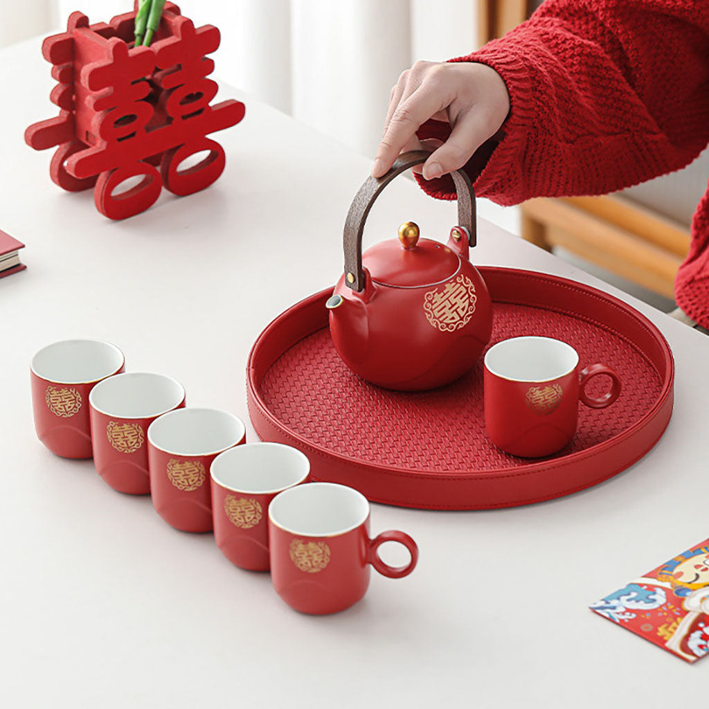 Golden Double Happiness Wedding Tea Set with Teapot, Cups, and Tray