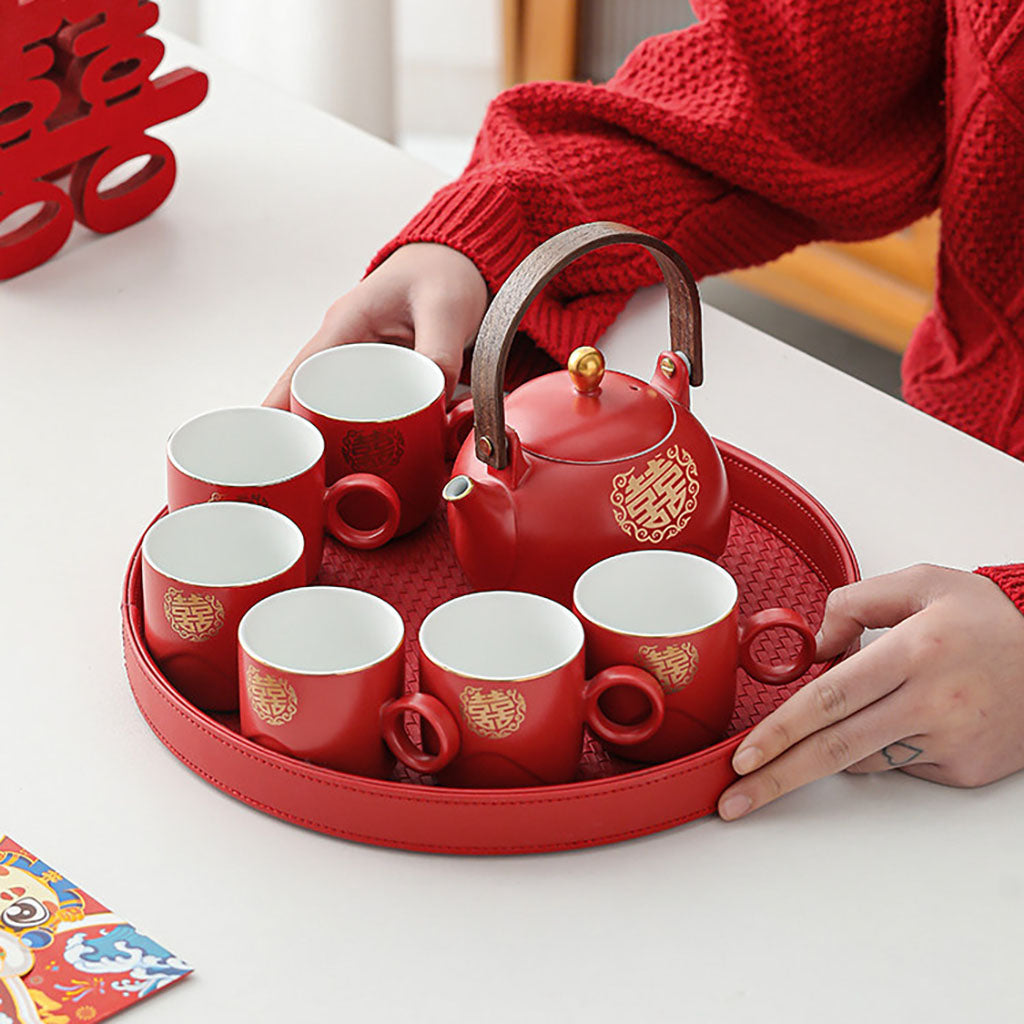 Golden Double Happiness Wedding Tea Set with Teapot, Cups, and Tray