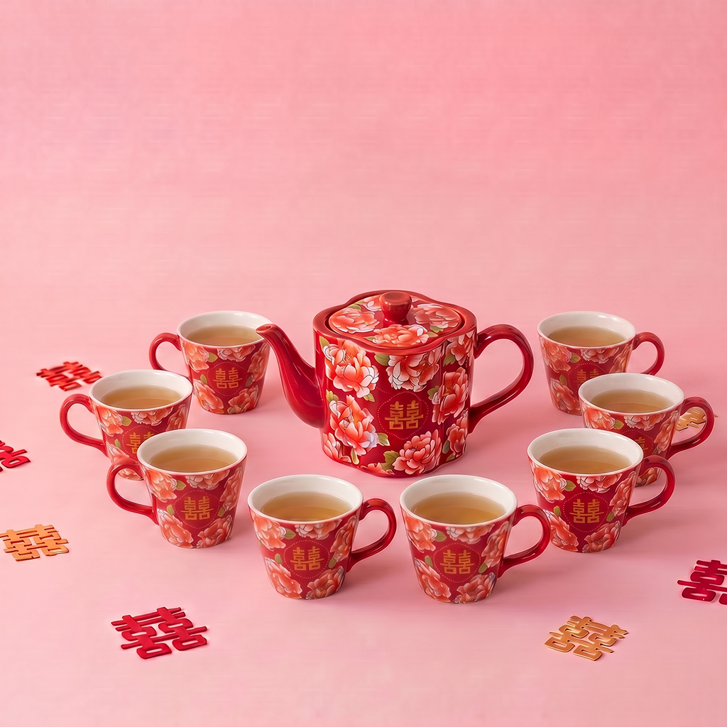 Peony Double Happiness Ceramic Wedding Tea Set with Gift Box