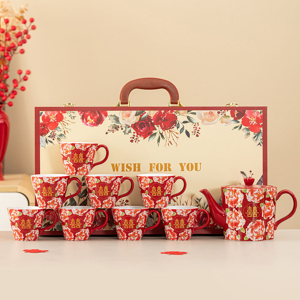 Peony Double Happiness Ceramic Wedding Tea Set with Gift Box