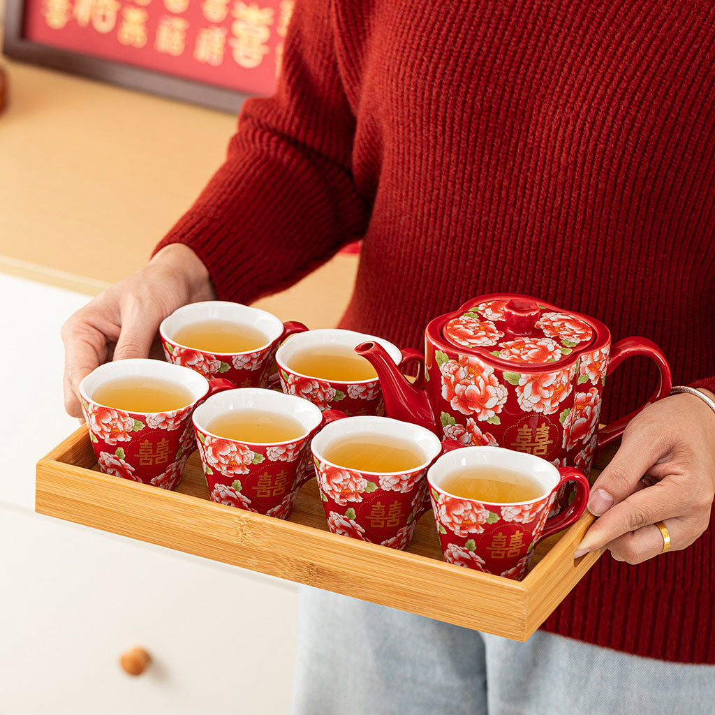 Peony Double Happiness Ceramic Wedding Tea Set with Gift Box