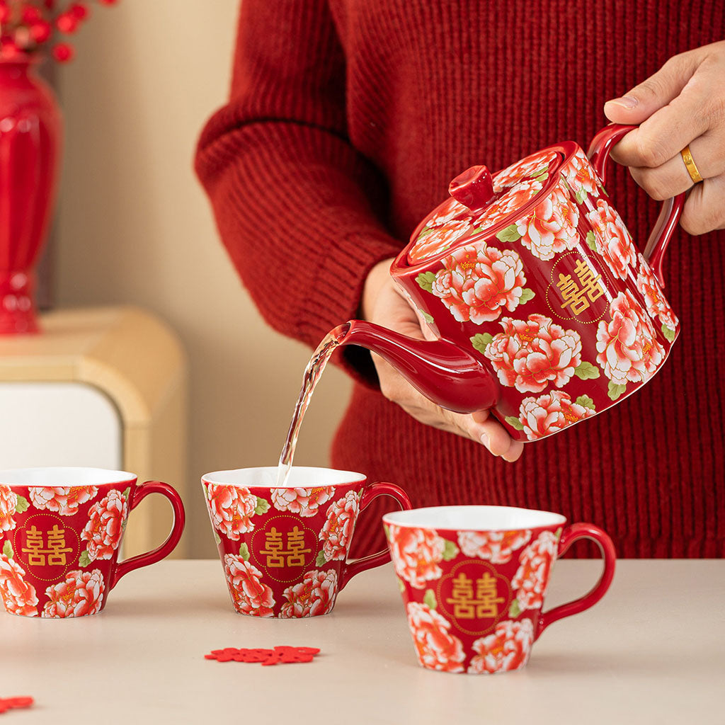 Peony Double Happiness Ceramic Wedding Tea Set with Gift Box