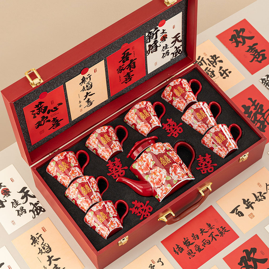 Peony Double Happiness Ceramic Wedding Tea Set with Gift Box