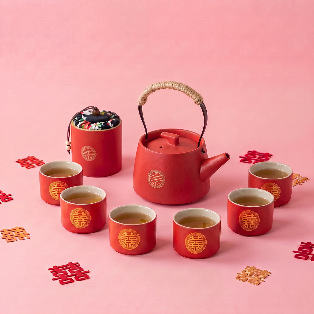 Red Double Happiness Ceramic Wedding Tea Set with Teapot and Cups