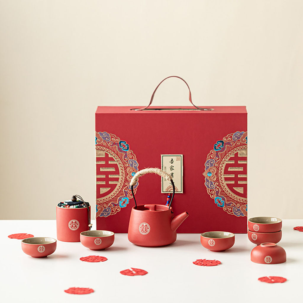 Red Double Happiness Ceramic Wedding Tea Set with Teapot and Cups