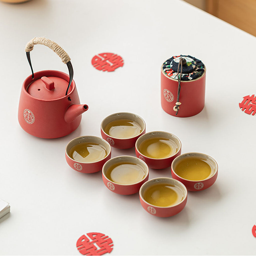 Red Double Happiness Ceramic Wedding Tea Set with Teapot and Cups
